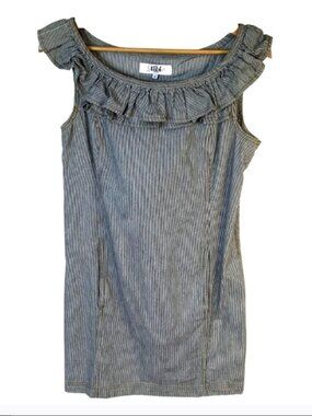 TIBI 6 Navy White Striped Ruffle Boat Neck Shift Dress Cotton Pockets Nautical